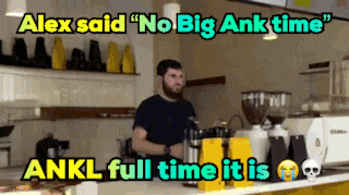 a man behind a counter with the words alex said no big ank time