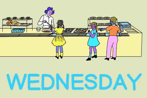 a cartoon drawing of people standing at a counter with the words wednesday in orange
