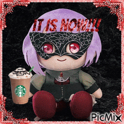 a stuffed doll with purple hair is holding a starbucks cup and says it is now