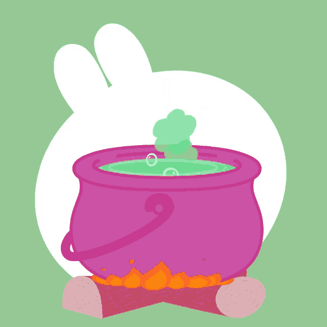 a cartoon illustration of a purple cauldron filled with green liquid