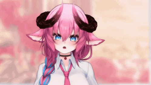 a girl with pink hair and horns is wearing a tie