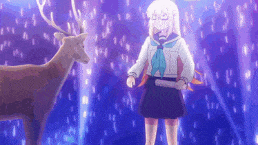 a girl in a school uniform stands next to a deer in a purple room