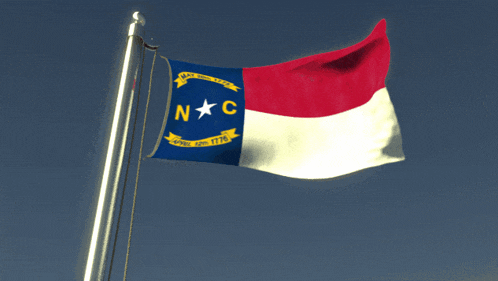 a nc flag is flying in the wind against a blue sky