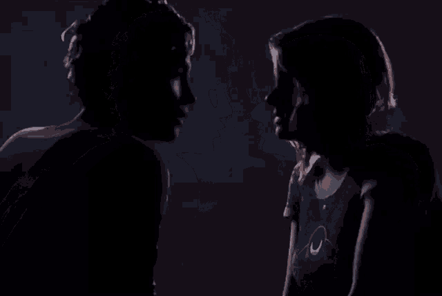 two women are standing next to each other in the dark and kissing .