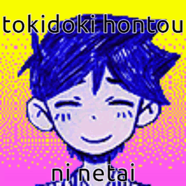 a pixel art drawing of a boy with blue hair and a smile .