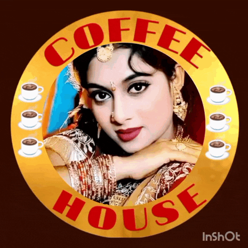 a picture of a woman in a gold circle that says coffee house