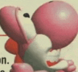 a close up of a pink and white yoshi figurine with his mouth open .