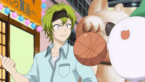 a man with green hair is holding a basketball in his hand