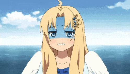 a blonde anime girl with wings and a butterfly in her hair is making a funny face