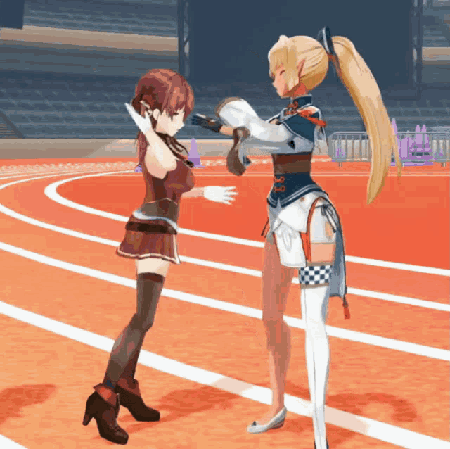 two anime girls are standing next to each other on a red track