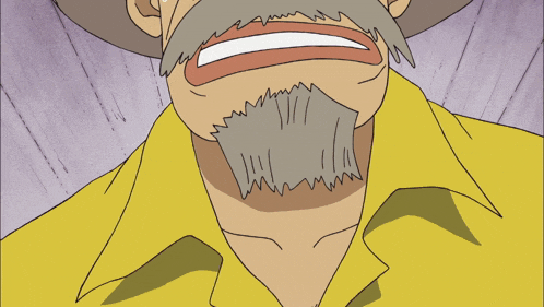 a man with a beard and a yellow shirt has his mouth open
