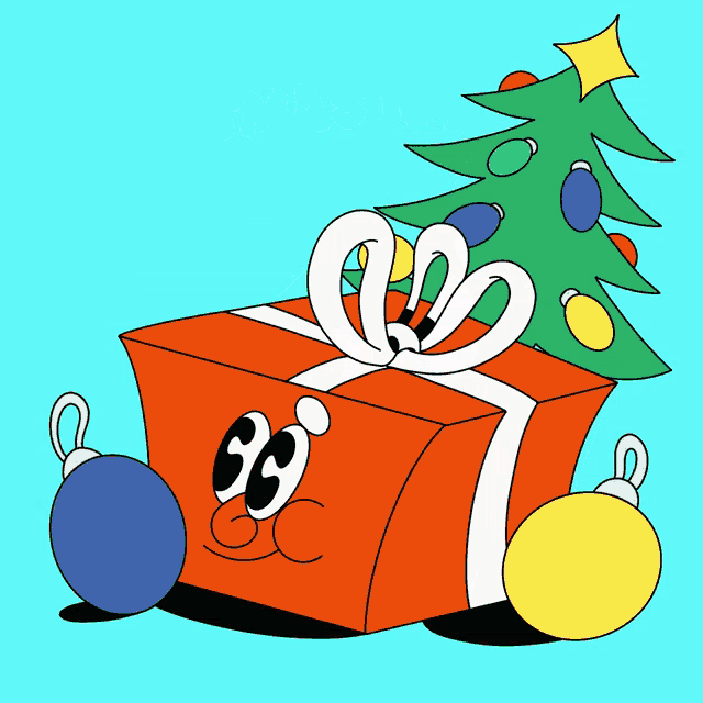 a cartoon of a gift box with the words all i want for christmas written above it