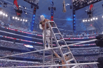 a wrestler is standing on a ladder in a stadium