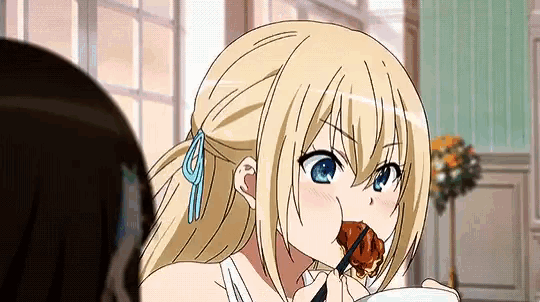 a blonde anime girl is eating a piece of meat with chopsticks