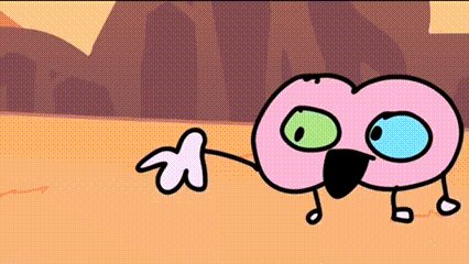 a pink cartoon character with green eyes and a bird 's beak is standing in the desert .