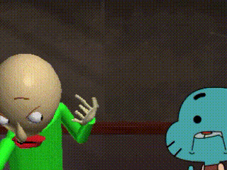 a cartoon character is holding a stick next to a cartoon character holding a gumball .