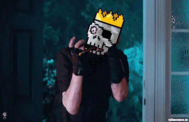 a pixel art image of a man with a skull on his face