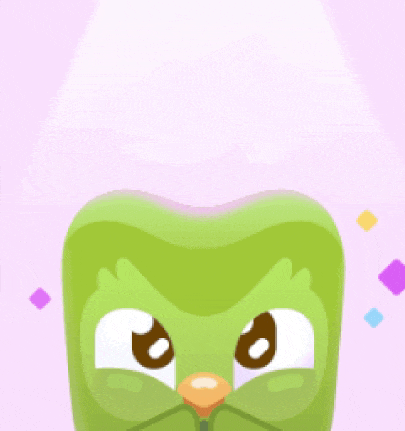 a green owl with an orange beak is looking at the camera on a pink background