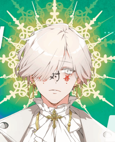 a drawing of a boy with white hair and a cross on his neck
