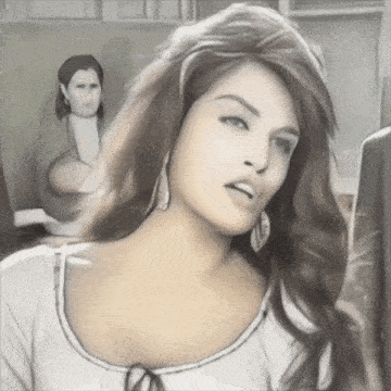 a black and white drawing of a woman with a man behind her