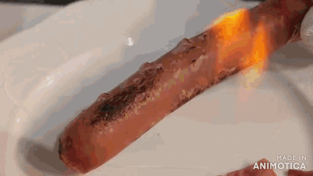 a sausage is being cooked on a white plate with a flame coming out of it ..