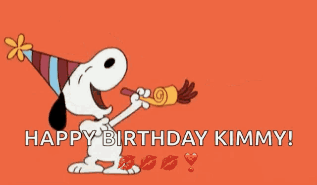 a cartoon of snoopy blowing a party horn with the words happy birthday kimmy .