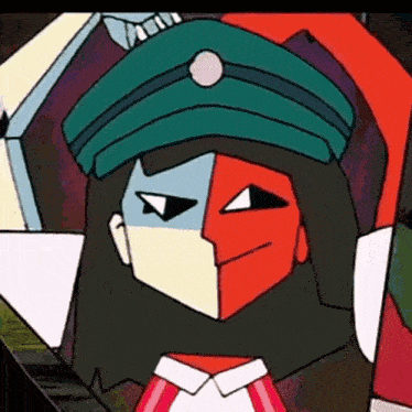 a cartoon character is wearing a green hat and a red and white mask .