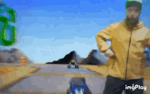 a man in a yellow jacket is standing in front of a road with a car in the background and the words imgplay on the bottom