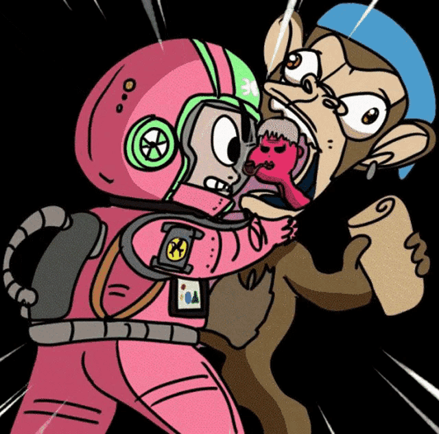 a cartoon of an astronaut being attacked by a monkey with the letter a on the back