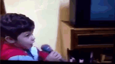 a little boy singing into a microphone in front of a tv