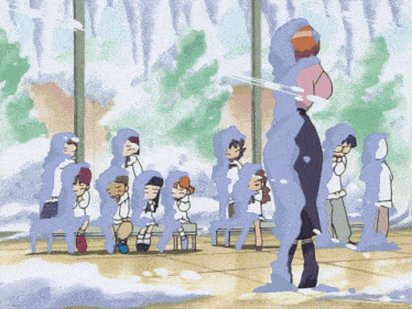 a group of people standing in a room covered in ice