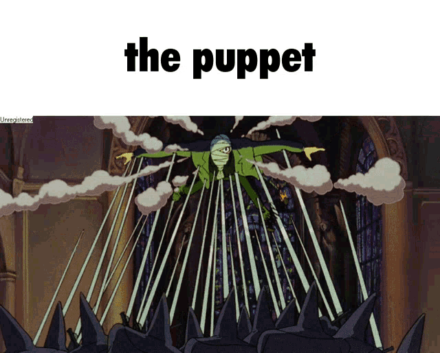 a cartoon character is flying through the air with the words the puppet below him