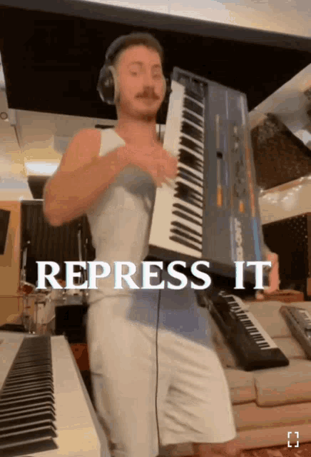 a man wearing headphones is playing a keyboard with the words repress it above him