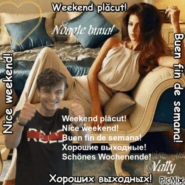 a man is giving a thumbs up next to a woman who is laying on a couch
