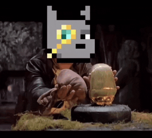 a pixelated image of a man holding a golden egg with a statue in the background