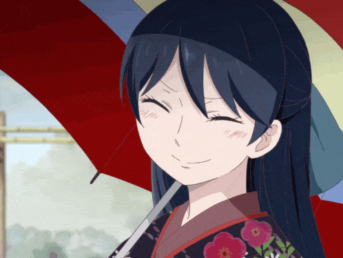 a girl in a kimono is holding an umbrella and smiling
