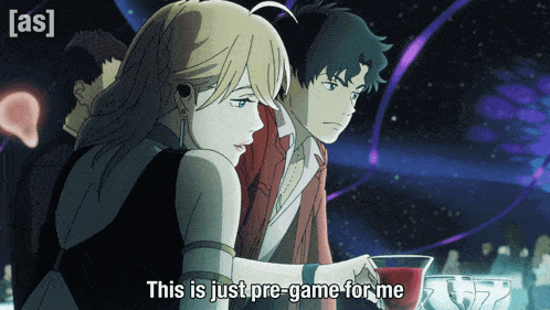 a man and a woman are standing next to each other with the words this is just pre-game for me