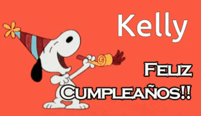 a cartoon of snoopy blowing out a candle with the name kelly written above him
