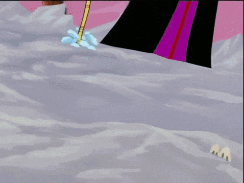 a cartoon drawing of a snowy mountain with a purple umbrella in the background