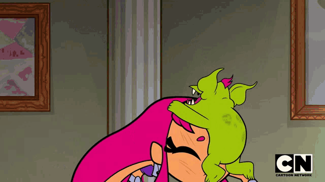 a cartoon of a girl kissing a green monster with the cn logo on the bottom