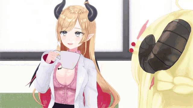 a girl with horns holds a piece of paper in her hand