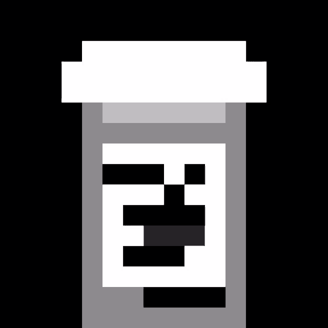 a black and white pixel art illustration of a bottle of pills with a label .