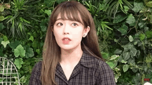 a woman in a plaid shirt is standing in front of a wall of plants .