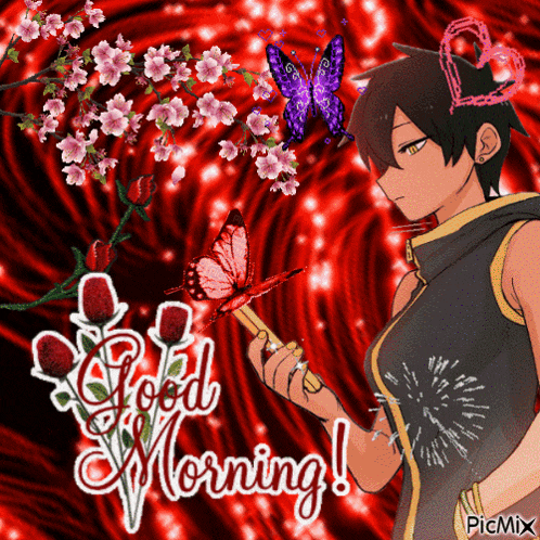 a picture of a man holding a butterfly with the words good morning written below him