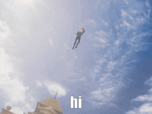 a person is flying through the air with the word hi below it