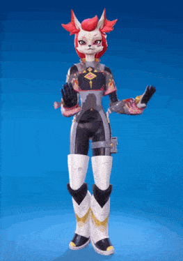 a cartoon character with red hair is standing in front of a blue backdrop