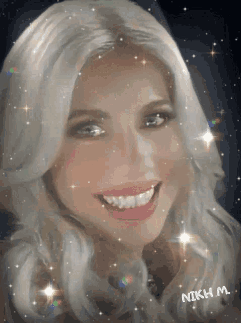 a painting of a smiling woman with the name nikh m. on the bottom