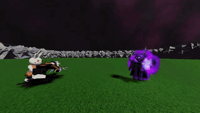 a video game scene with a rabbit and a purple monster