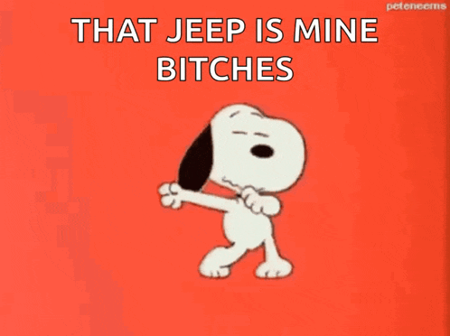 snoopy is dancing on a red background with the words that jeep is mine bitches