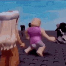 a group of roblox characters are dancing on a table .
